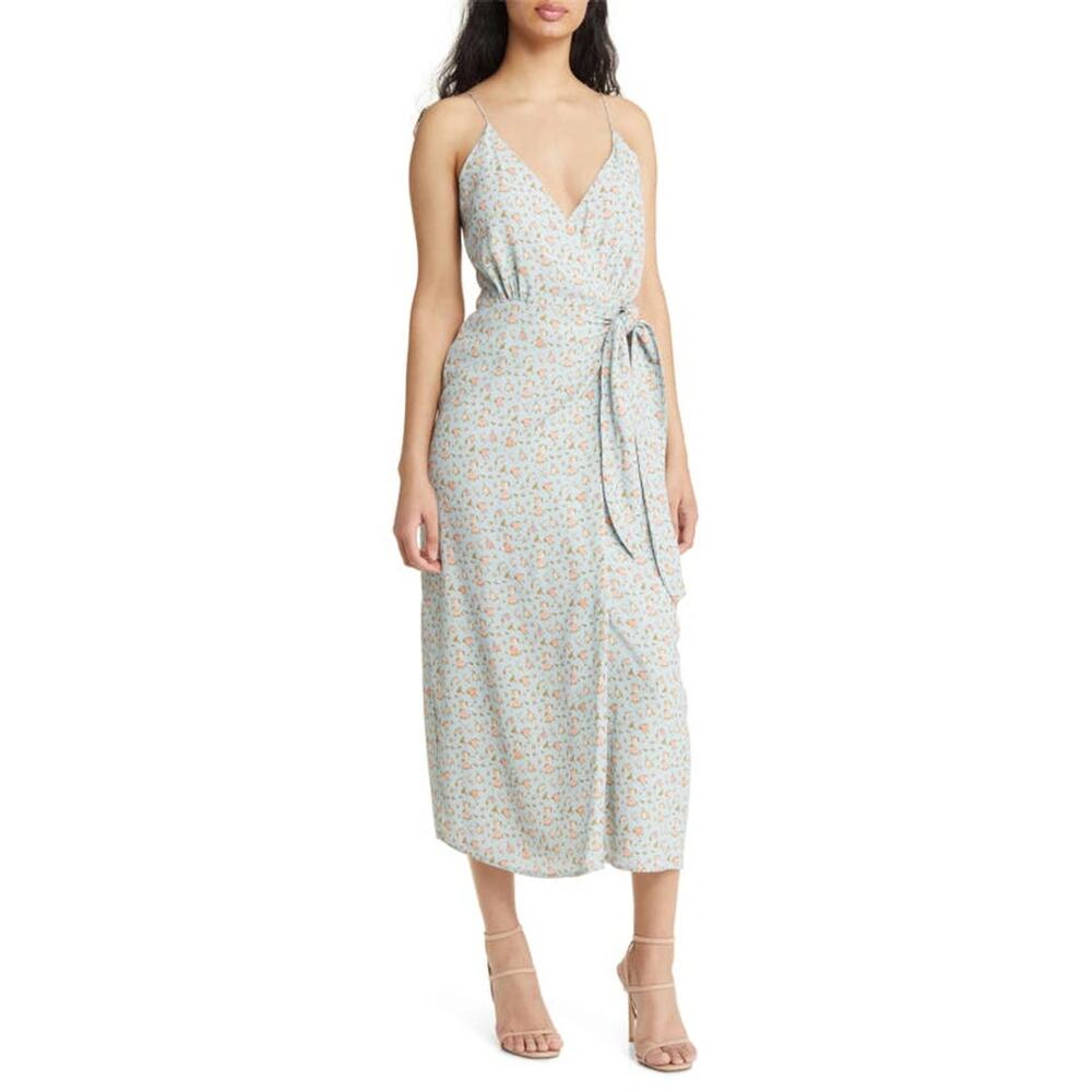 WAYF Electric Floral Wrap Midi Dress Light Blue Ditsy Size Small Sleeveless